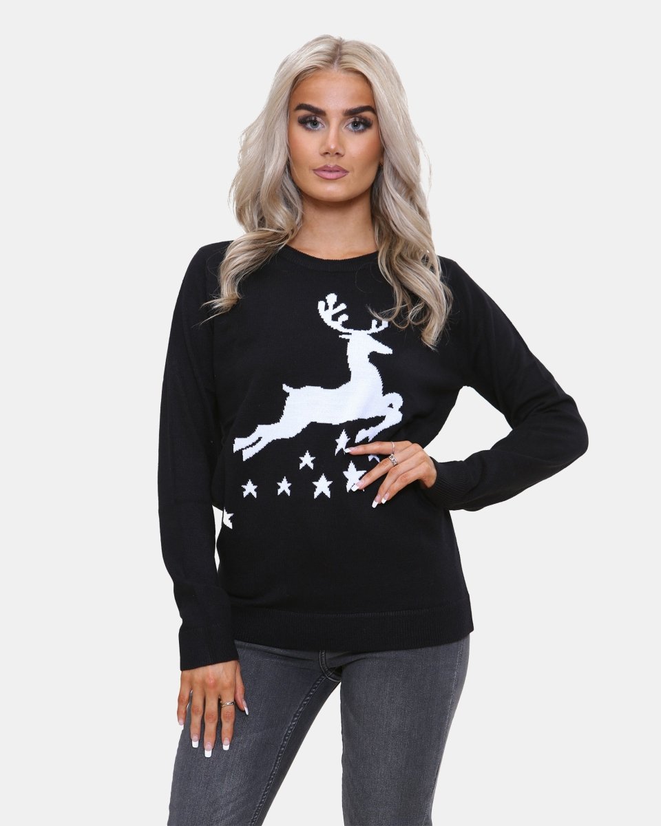 Women Reindeer Stars Black Jumper