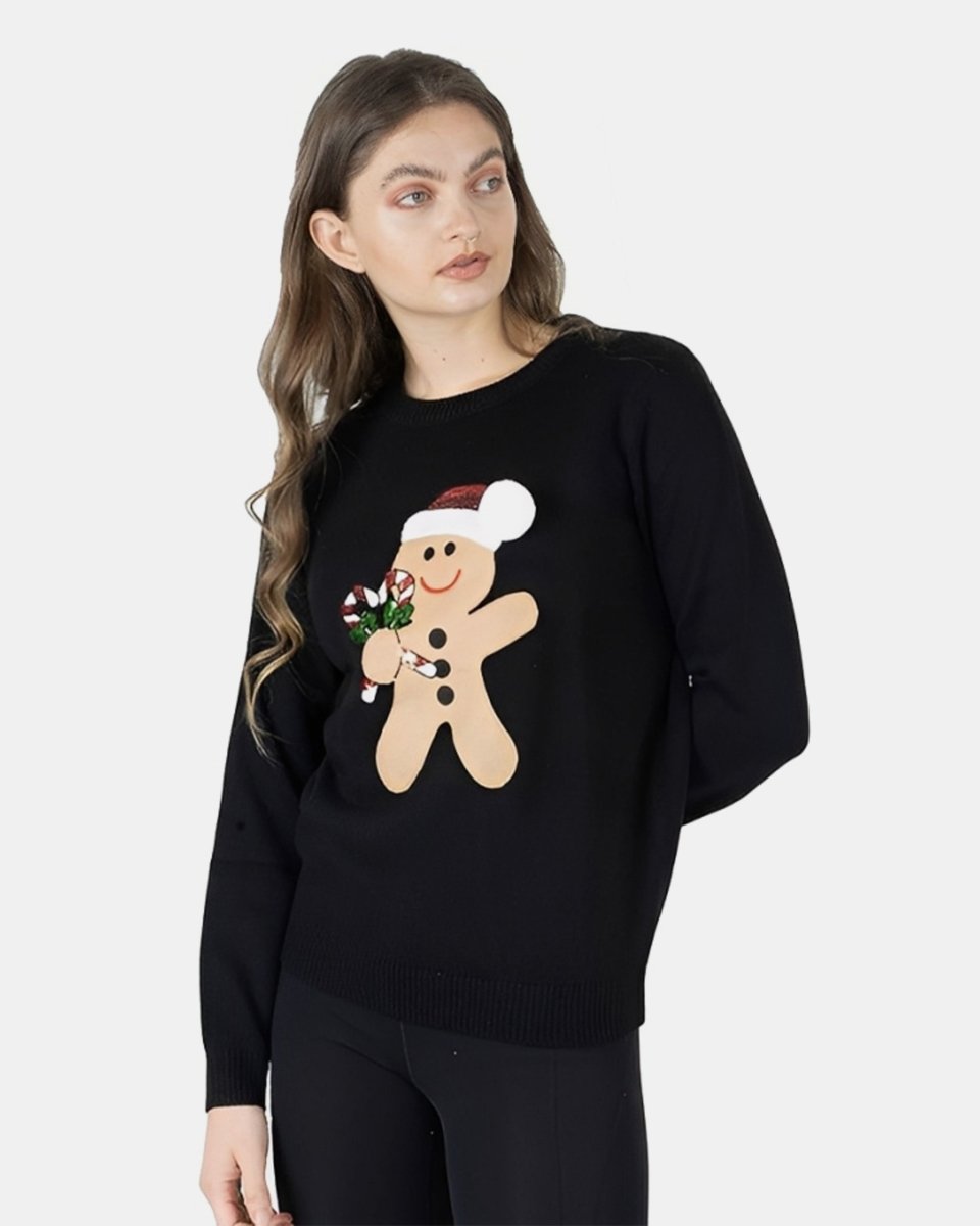 Womens Black Gingerbread Xmas Jumper
