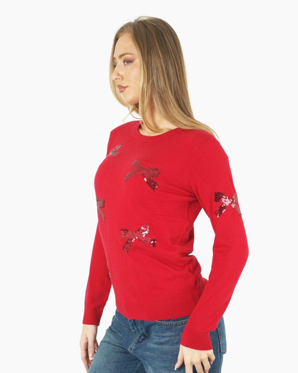 Women’s Christmas Red Bow Sequin Sparkle Jumper