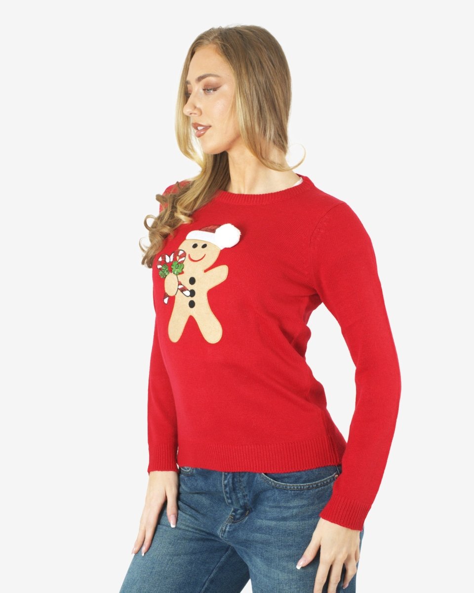 Womens Red Gingerbread Xmas Jumper