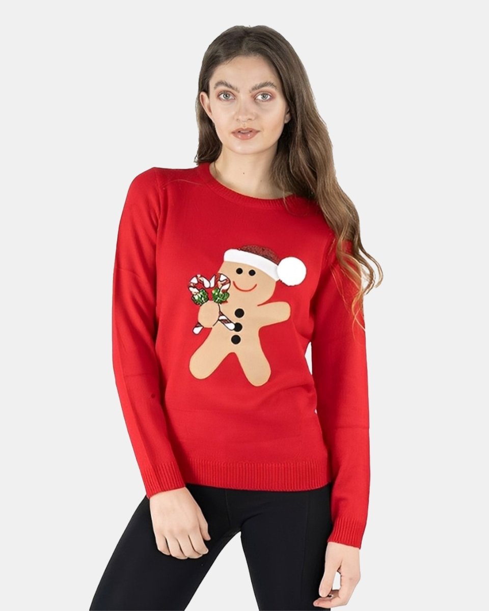 Womens Red Gingerbread Xmas Jumper