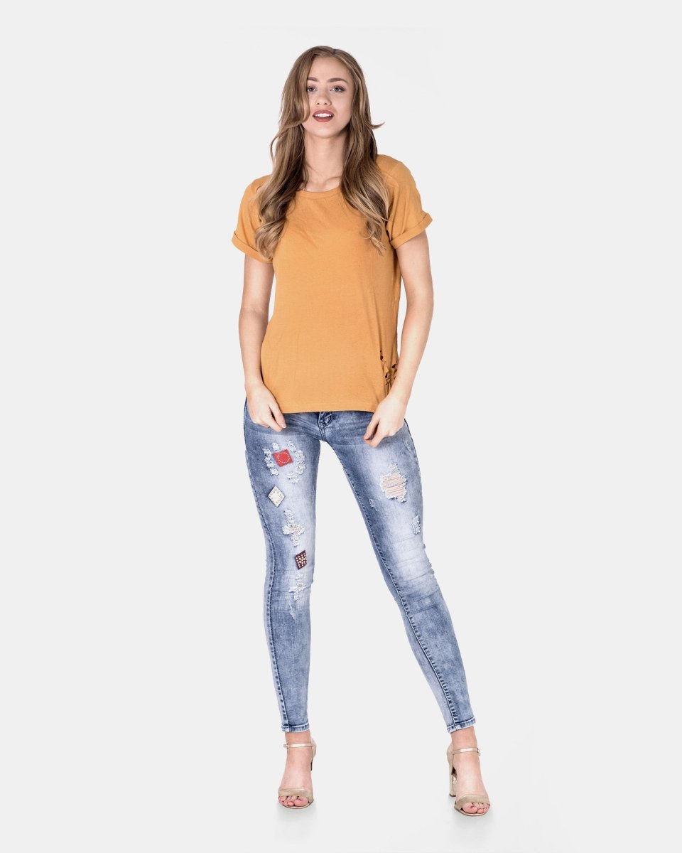 Yellow Ripped Holes Rounded Neck T-Shirt