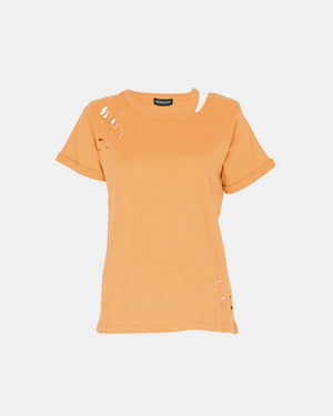 Yellow Ripped Holes Rounded Neck T-Shirt