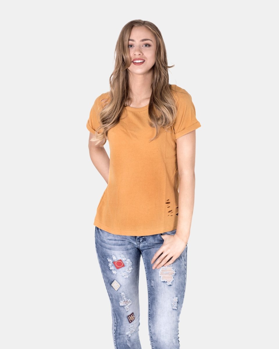 Yellow Ripped Holes Rounded Neck T-Shirt