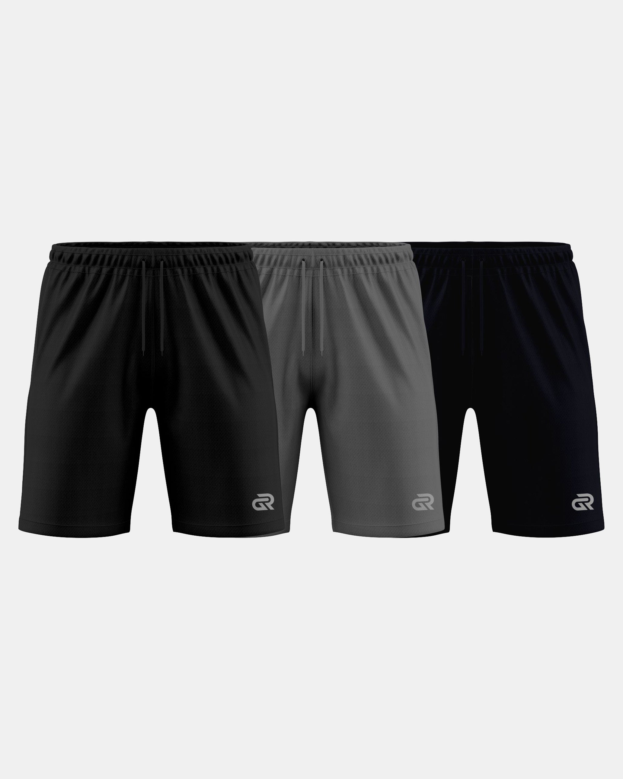 GymRight Gym Shorts | Breathable Athletic Shorts Pack of 3| B, G & N.