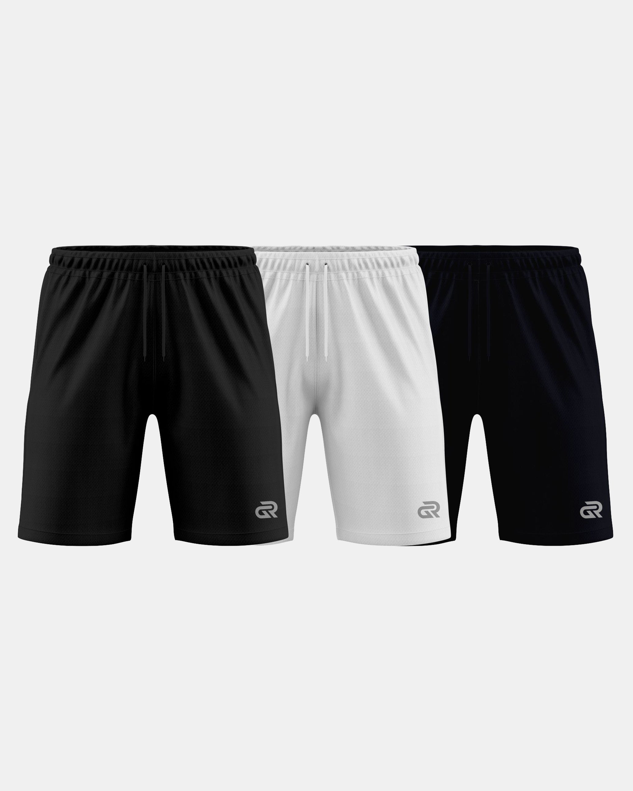 GymRight Gym Shorts | Breathable Athletic Shorts Pack of 3| B, W & N.