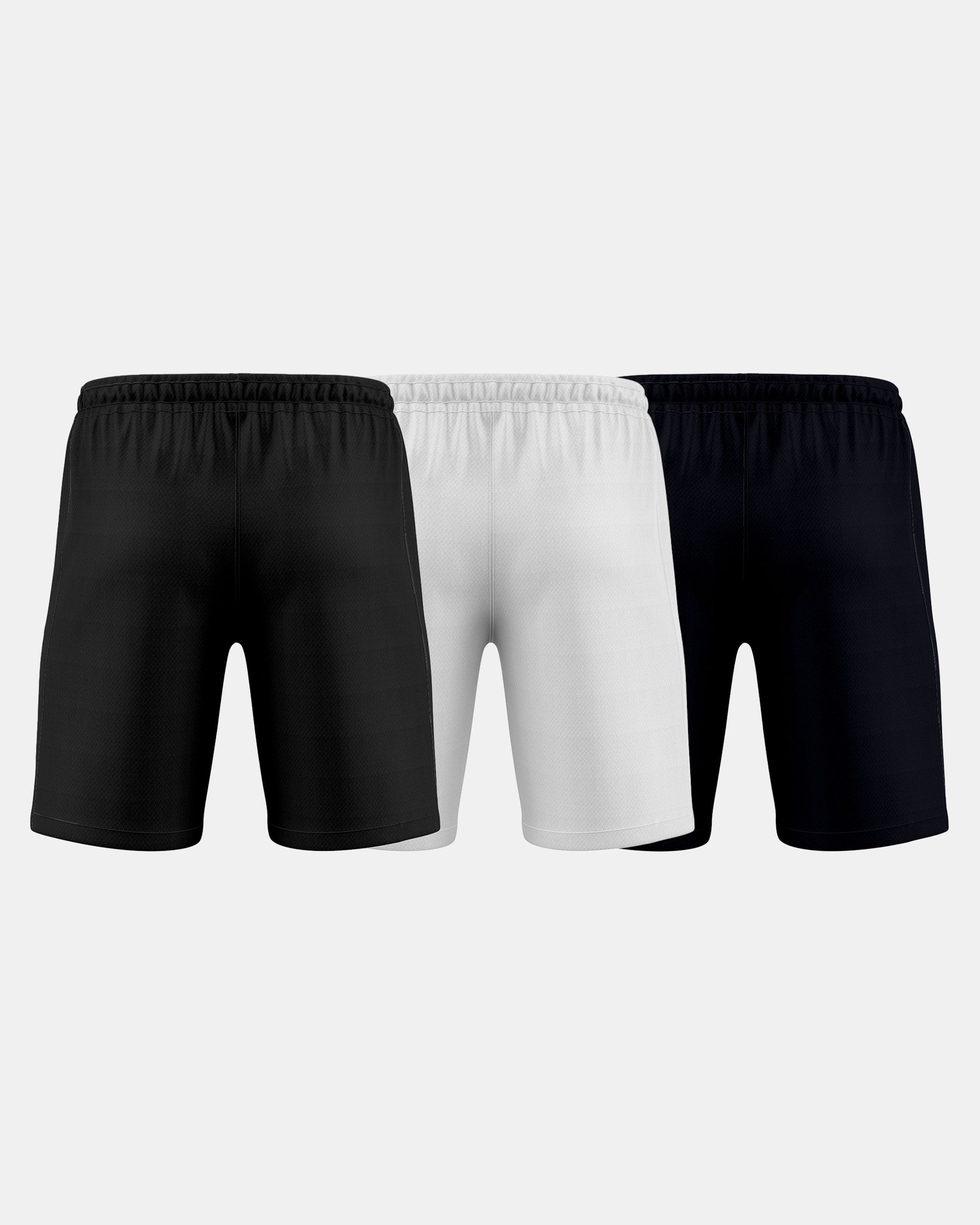 GymRight Gym Shorts | Breathable Athletic Shorts Pack of 3| B, W & N.
