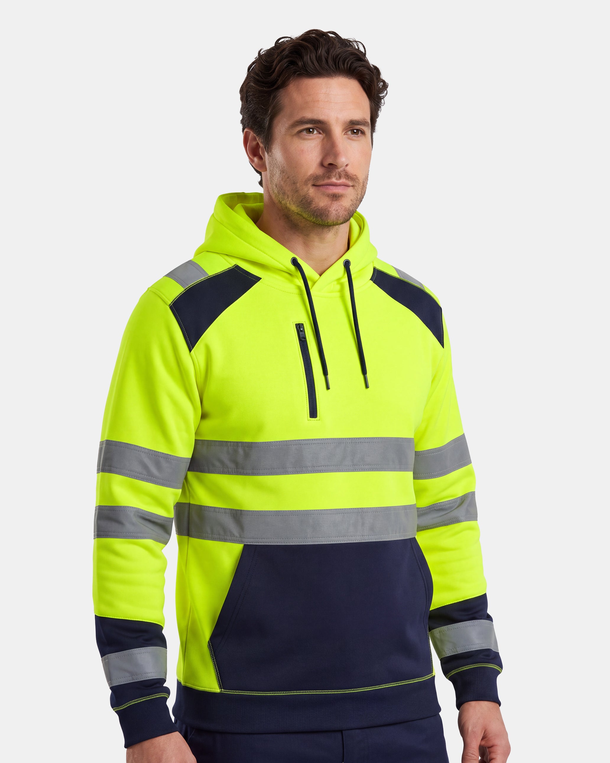 Hi-Vis Workwear High Neck Pullover Hoodie | Neon Green & Navy with Reflective Tape – NOROZE