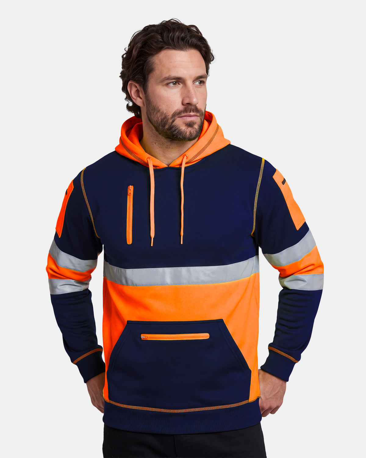 Hi-Vis Workwear Pullover Hoodie | Neon Orange & Navy with Reflective Tape – NOROZE