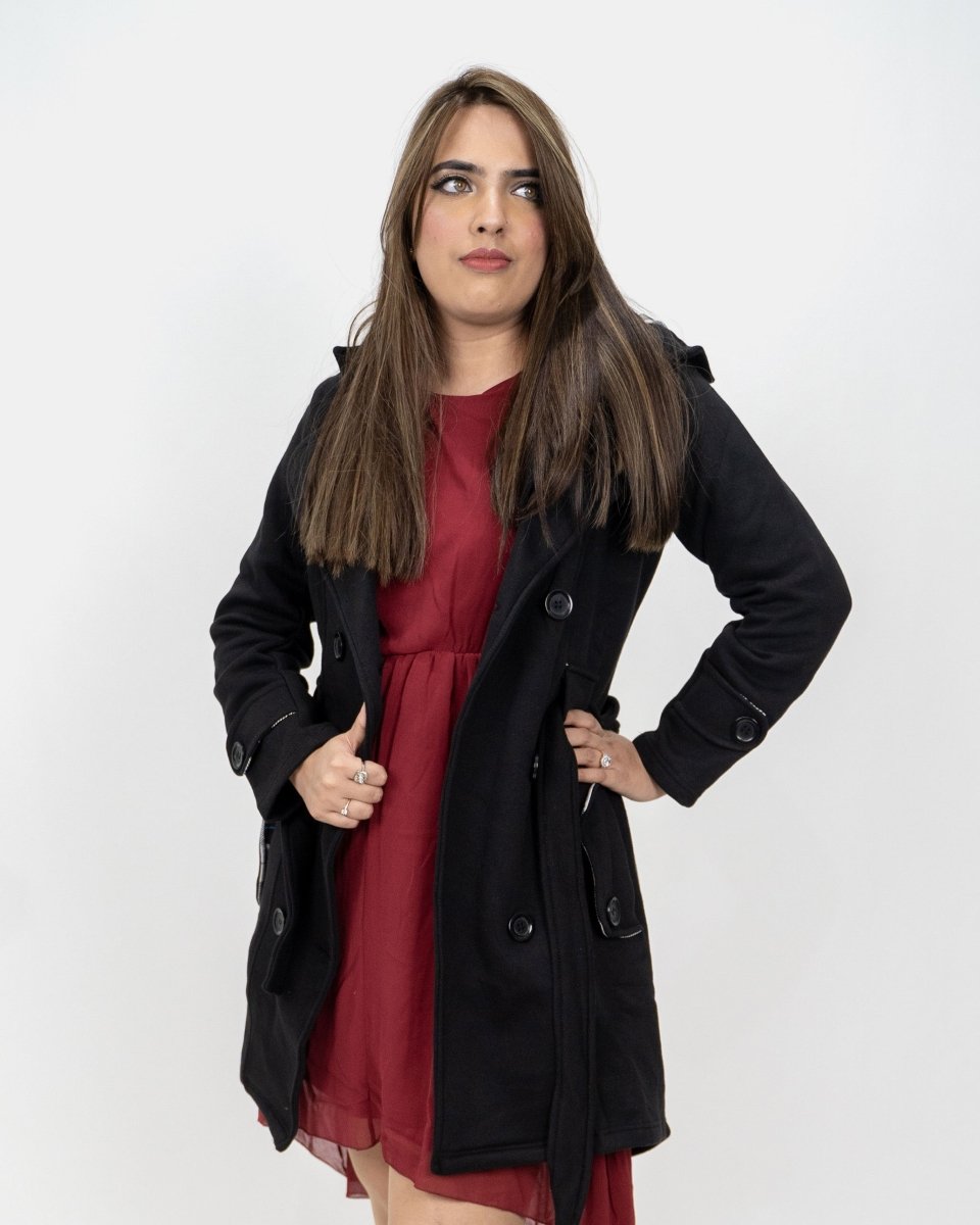 Black Belted Button Fleece Coat