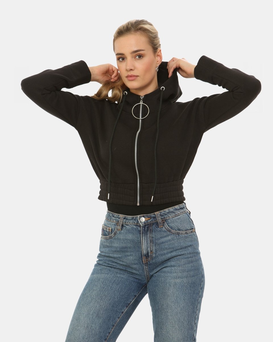 Black Ladies Zip - Crop Hoodie
