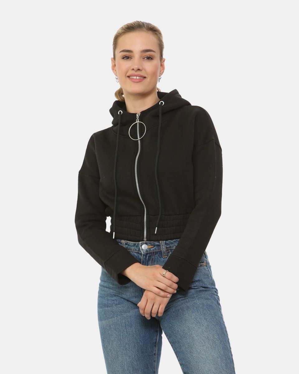 Black Ladies Zip - Crop Hoodie