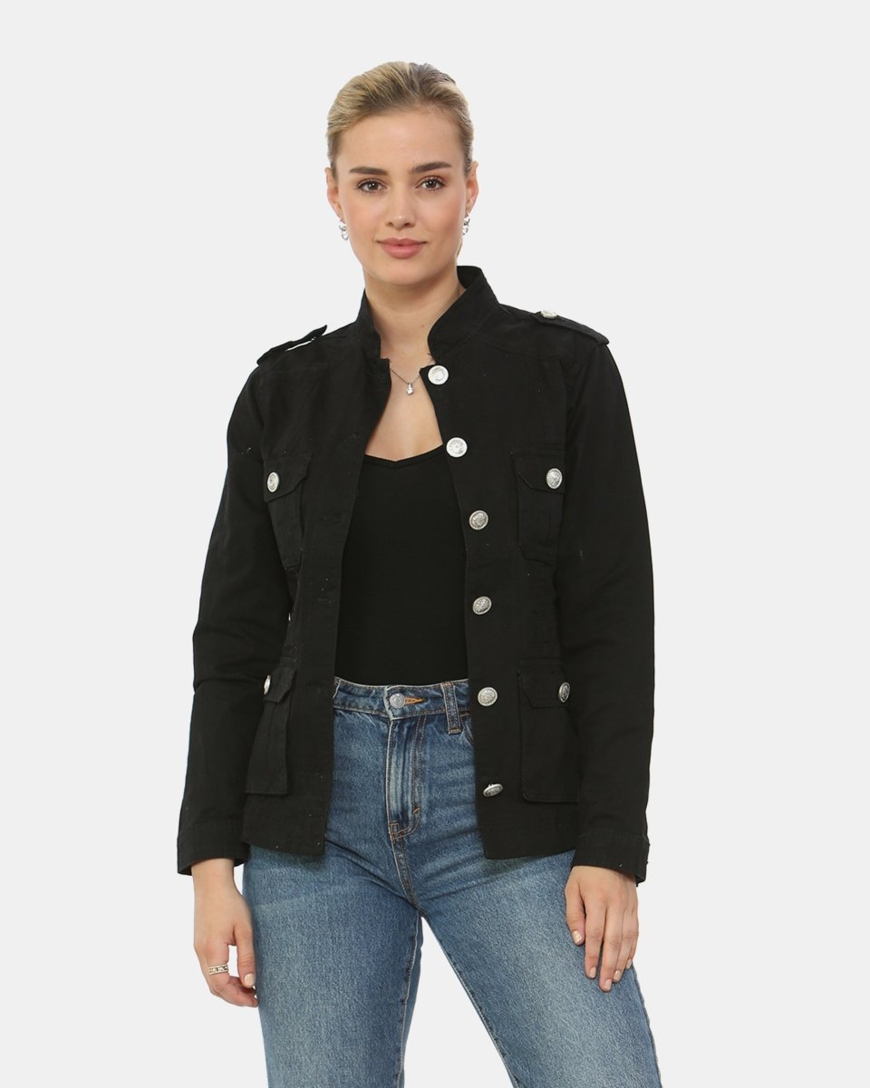 Black Military Style Summer Jacket (Silver Button)