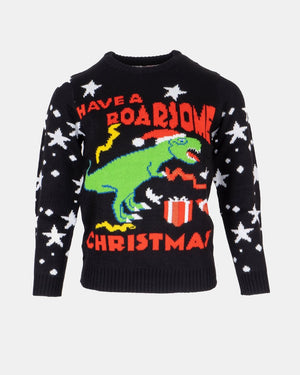 Black Roarsome Kids Christmas T - Rex Jumper