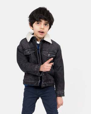 Black Trucker Long Sherpa Lined Jacket