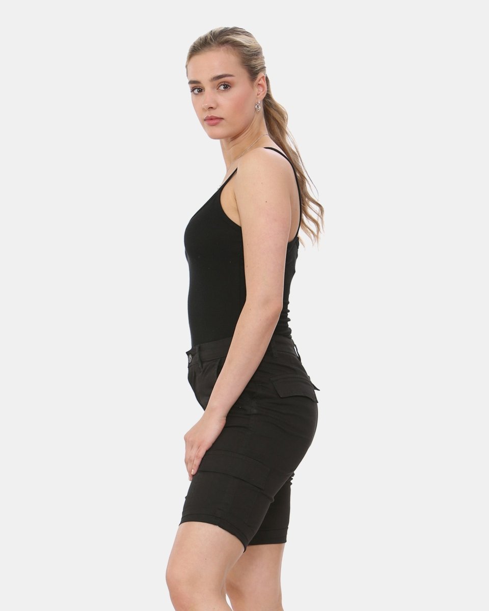 Black Turned Hem Bengaline Casual Shorts