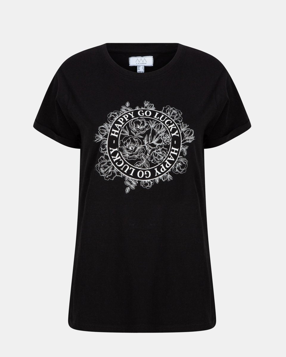 Black Womens Happy Go Lucky Printed T-Shirt