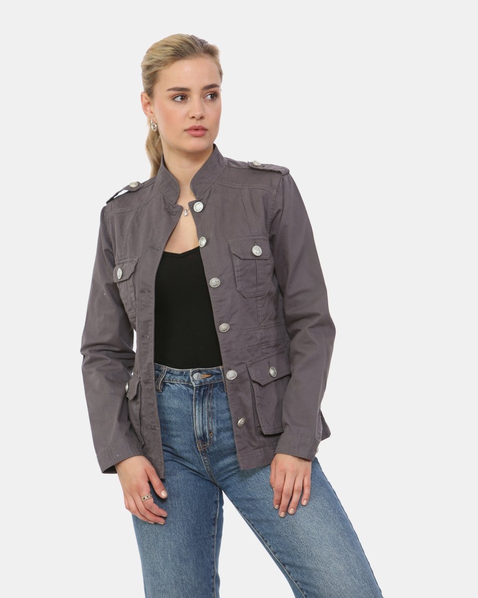 Dark Grey Military Style Summer Jacket (Silver Button)