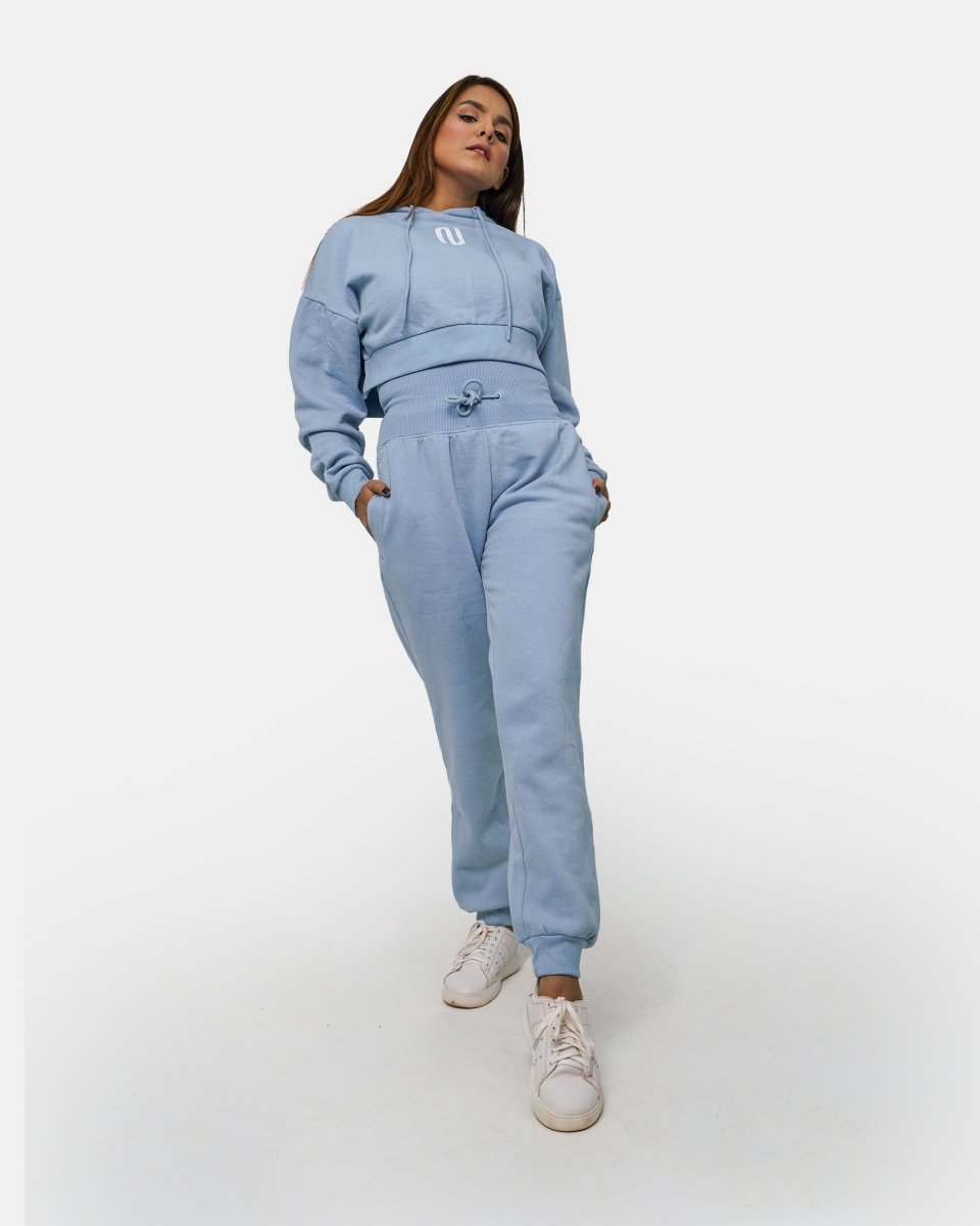 Dusky Blue Womens Ribbed Crop Hoodie