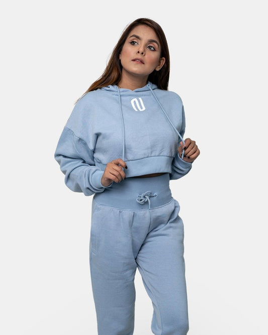 Dusky Blue Womens Ribbed Crop Hoodie
