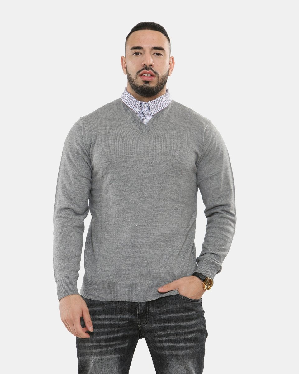 Grey Collar Knitted V - Neck Jumper