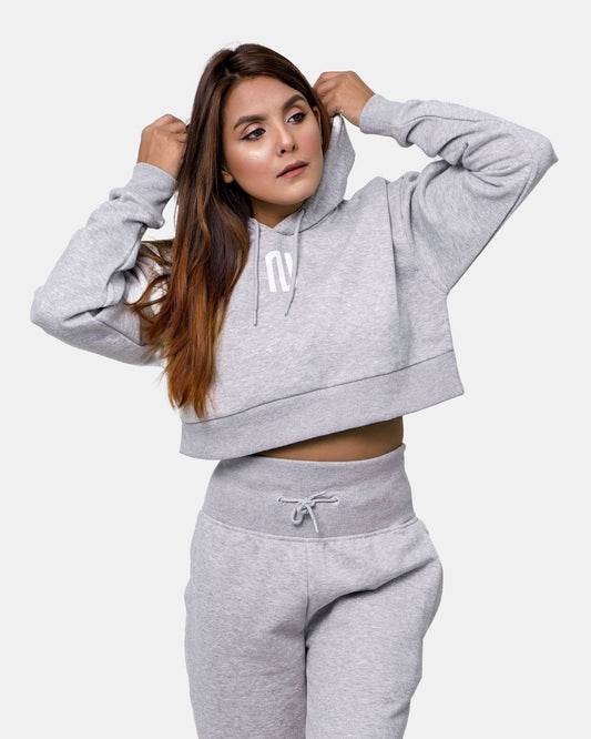 Grey Womens Ribbed Crop Hoodie