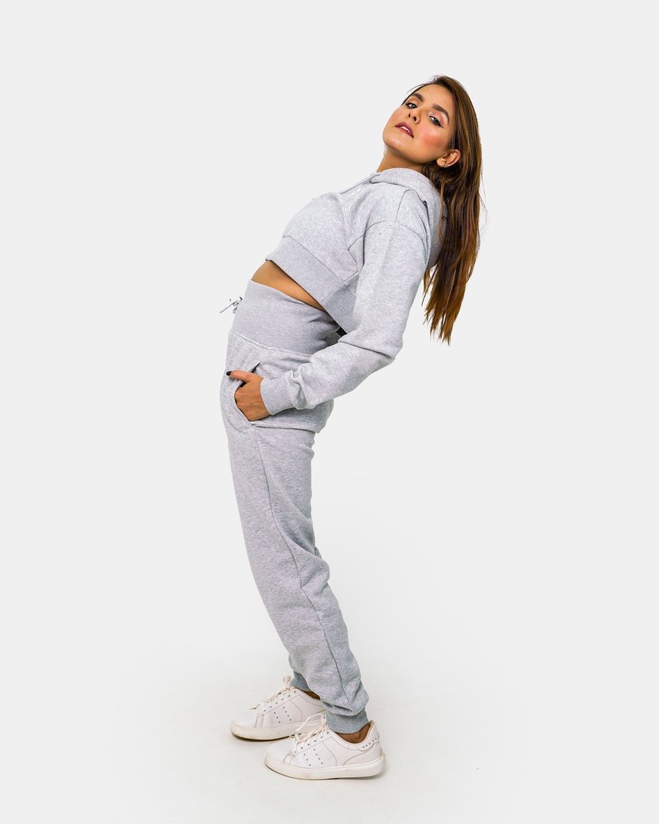 Grey Womens Ribbed Crop Hoodie
