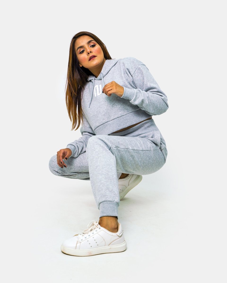 Grey Womens Ribbed Crop Hoodie
