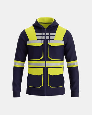 Hi-Vis Workwear Full Zip Hoodie | Neon Green & Navy, Multi Pockets & Reflective Tape – NOROZE