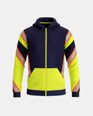 Hi-Vis Workwear Full Zip Hoodie | Neon Green & Navy, with Orange Reflective Tape – NOROZE