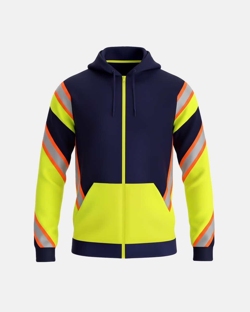 Hi-Vis Workwear Full Zip Hoodie | Neon Green & Navy, with Orange Reflective Tape – NOROZE