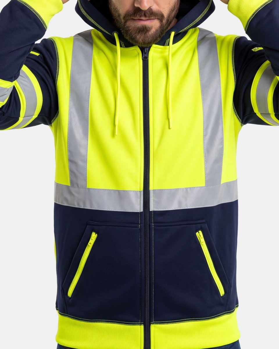 Hi-Vis Workwear Full Zip Hoodie | Neon Green & Navy with Reflective Tape – NOROZE