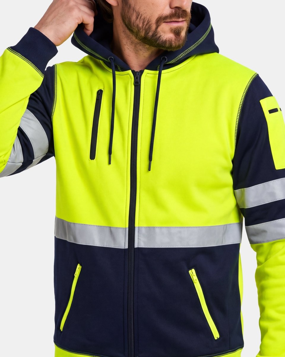 Hi-Vis Workwear Full Zip Hoodie | Neon Green & Navy with Reflective Tape – NOROZE