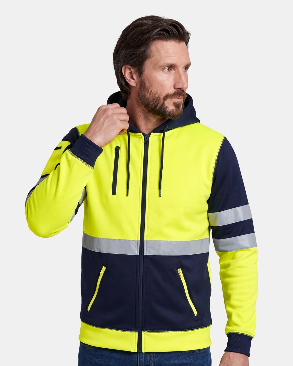 Hi-Vis Workwear Full Zip Hoodie | Neon Green & Navy with Reflective Tape – NOROZE