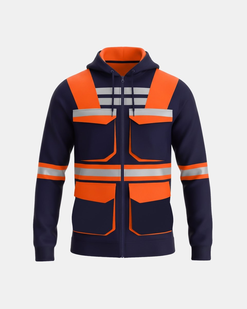 Hi-Vis Workwear Full Zip Hoodie | Neon Orange & Navy, Multi Pockets & Reflective Tape – NOROZE