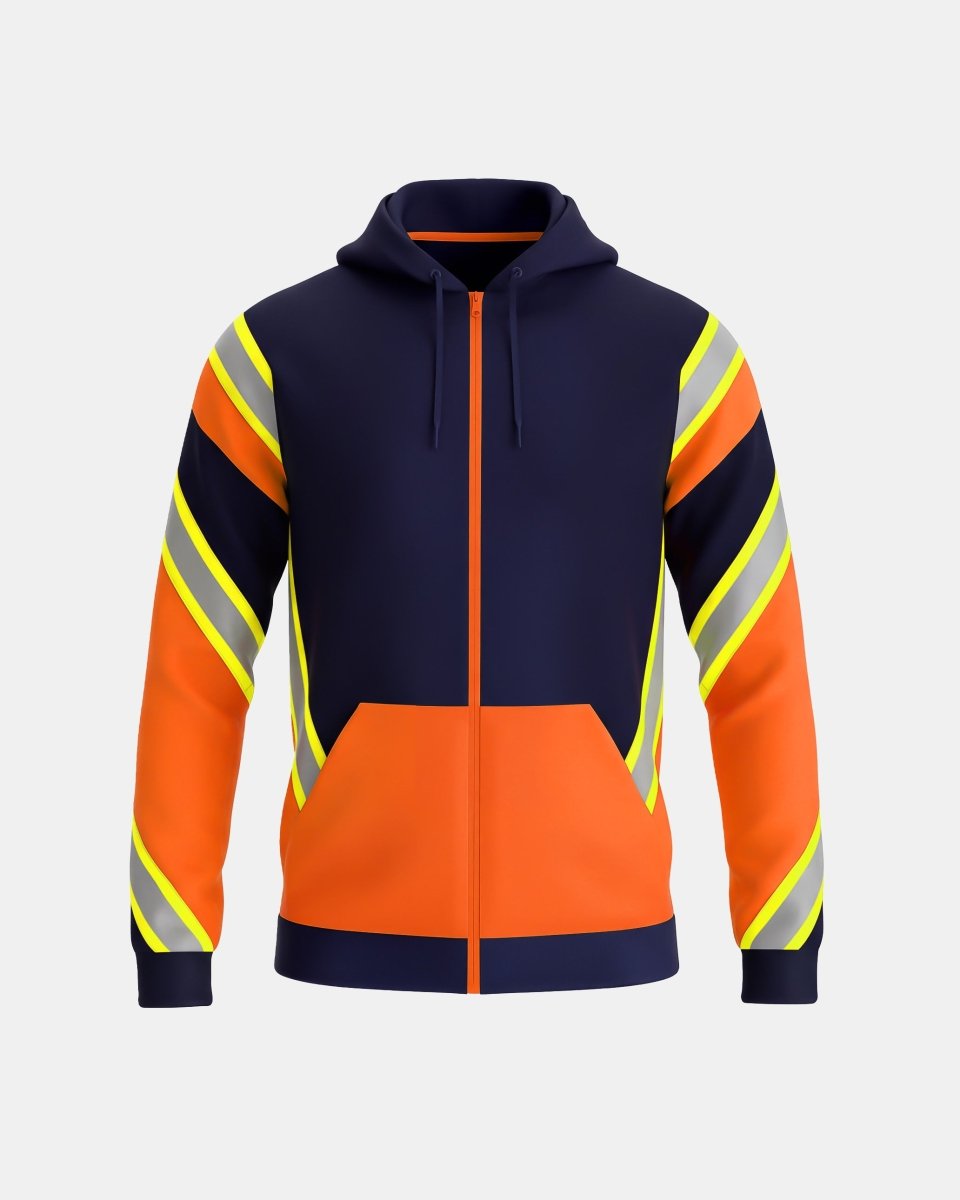 Hi-Vis Workwear Full Zip Hoodie | Neon Orange & Navy, with Green Reflective Tape – NOROZE