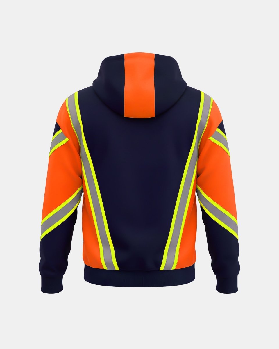 Hi-Vis Workwear Full Zip Hoodie | Neon Orange & Navy, with Green Reflective Tape – NOROZE