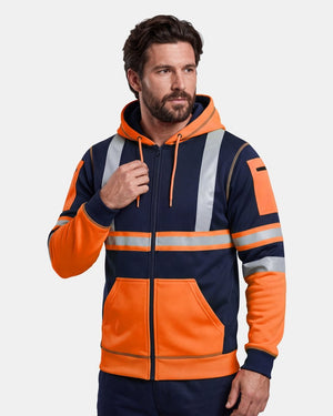 Hi-Vis Workwear Full Zip Hoodie | Neon Orange & Navy with Reflective Tape – NOROZE