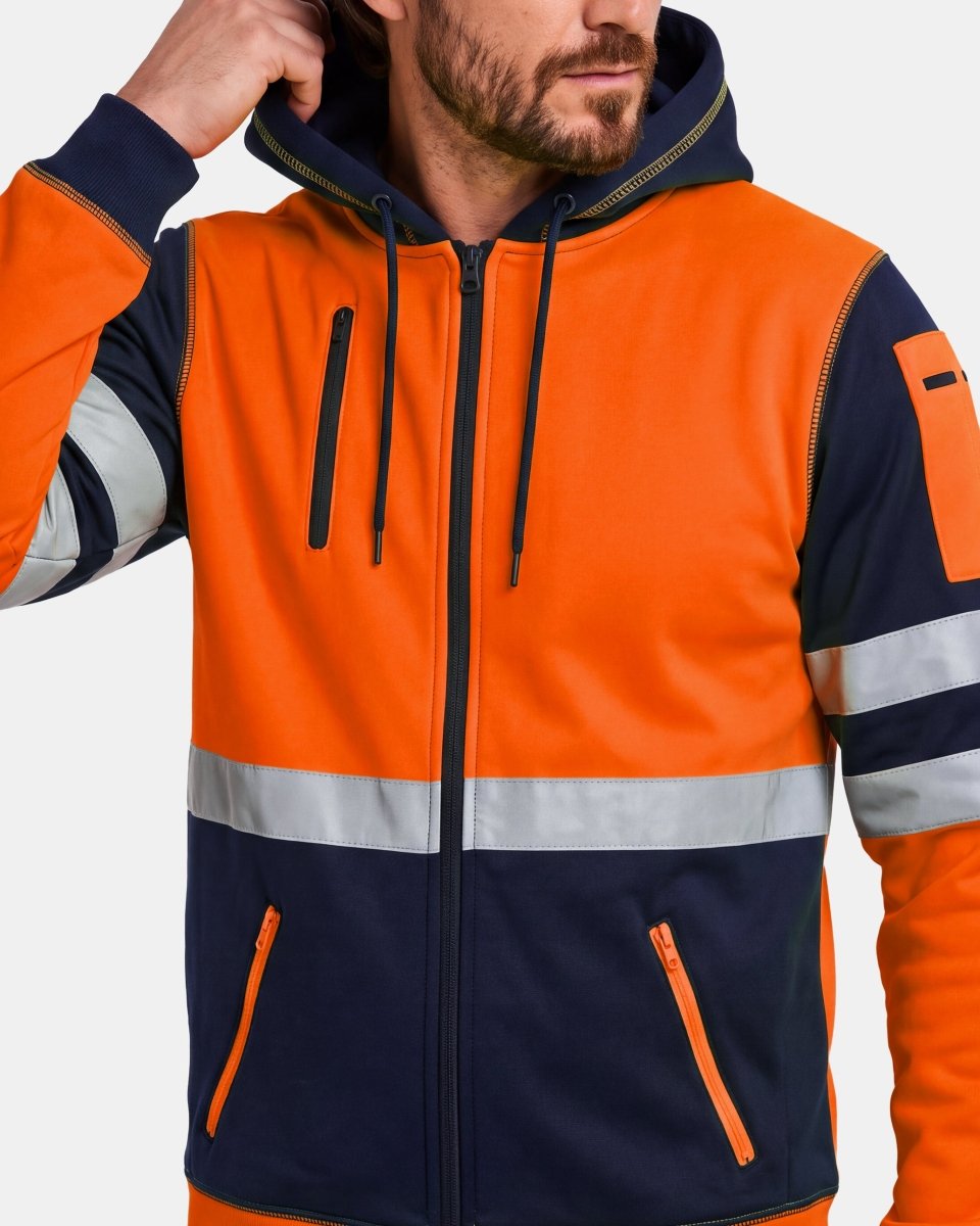 Hi-Vis Workwear Full Zip Hoodie | Neon Orange & Navy with Reflective Tape – NOROZE