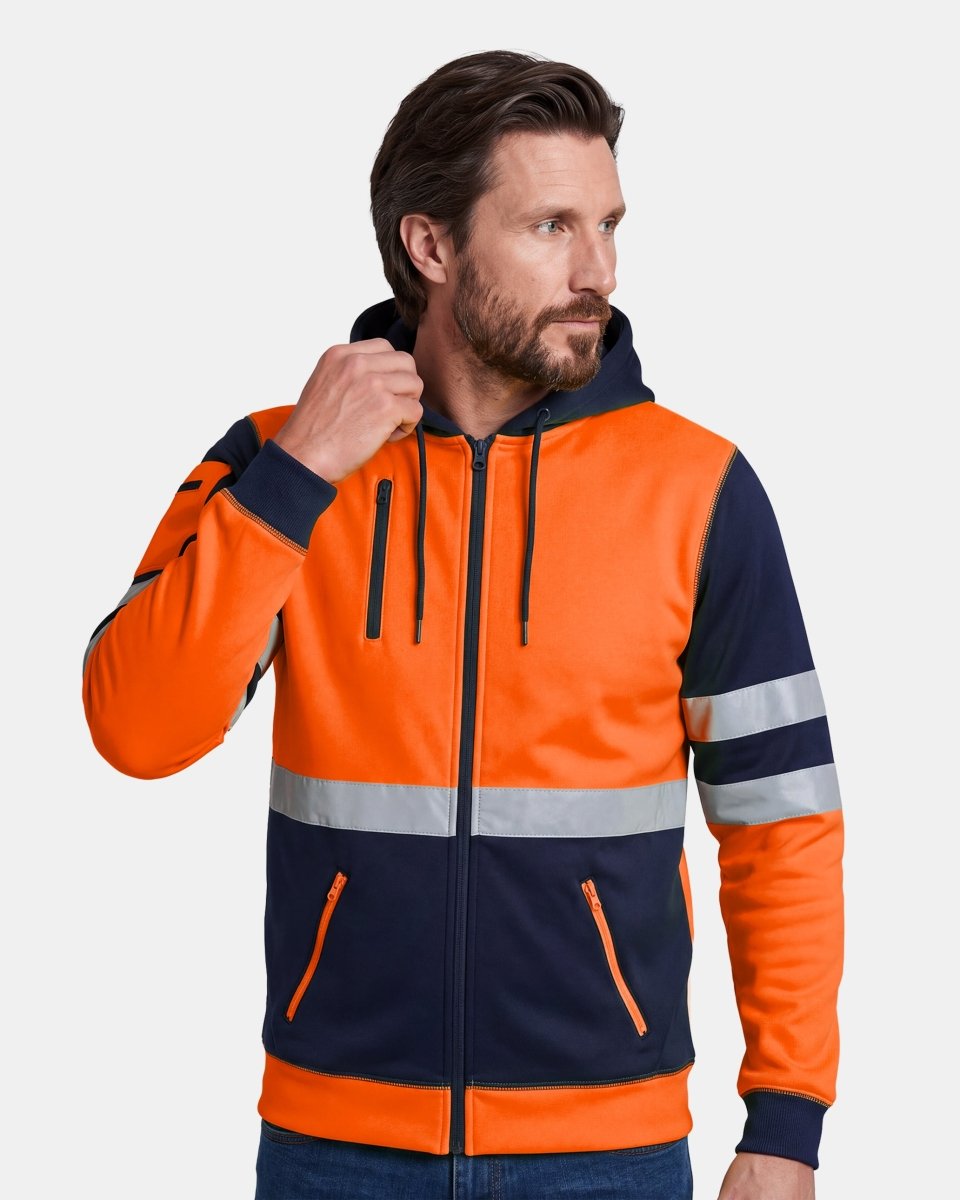 Hi-Vis Workwear Full Zip Hoodie | Neon Orange & Navy with Reflective Tape – NOROZE