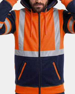 Hi-Vis Workwear Full Zip Hoodie | Neon Orange & Navy with Reflective Tape – NOROZE
