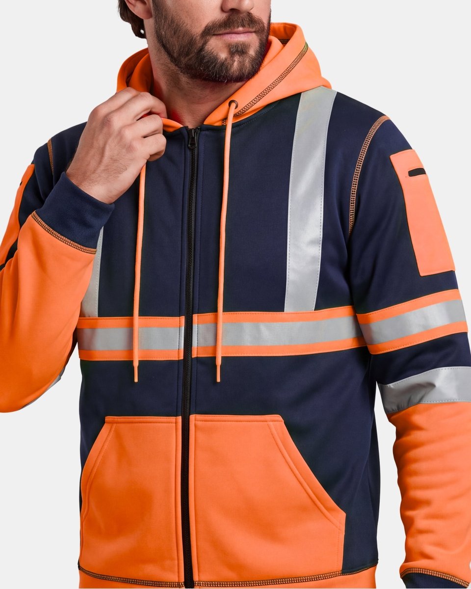 Hi-Vis Workwear Full Zip Hoodie | Neon Orange & Navy with Reflective Tape – NOROZE