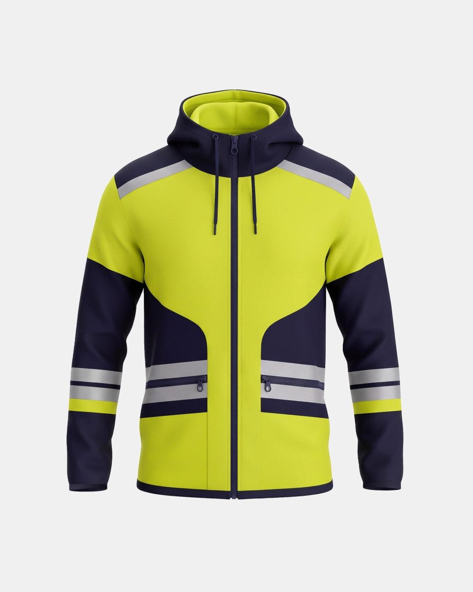 Hi-Vis Workwear High Neck Full Zip Hoodie | Neon Green & Navy, with Reflective Tape – NOROZE