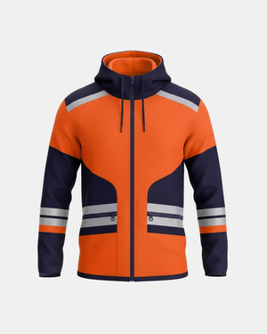 Hi-Vis Workwear High Neck Full Zip Hoodie | Neon Orange & Navy, with Reflective Tape – NOROZE