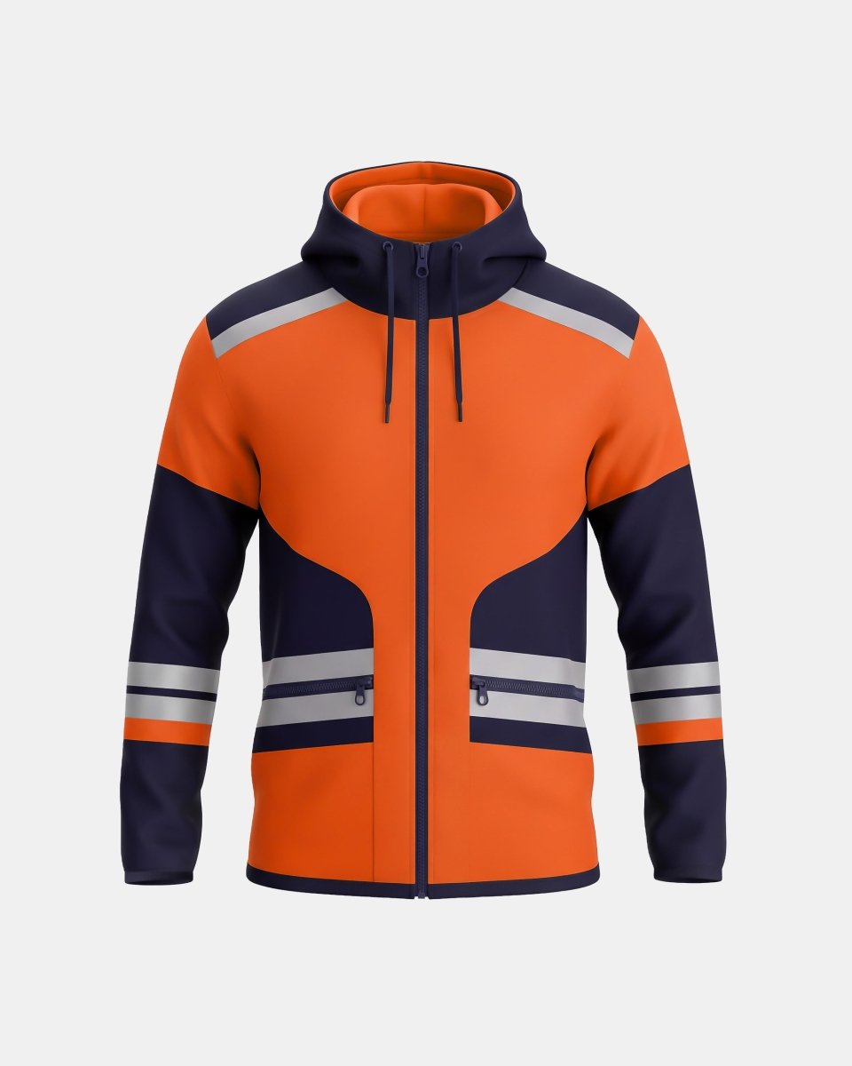 Hi-Vis Workwear High Neck Full Zip Hoodie | Neon Orange & Navy, with Reflective Tape – NOROZE