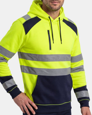Hi-Vis Workwear High Neck Pullover Hoodie | Neon Green & Navy with Reflective Tape – NOROZE