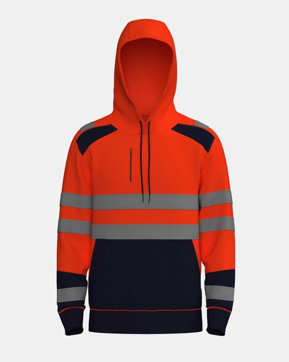 Hi - Vis Workwear High Neck Pullover Hoodie | Neon Orange & Navy with Reflective Tape – NOROZE