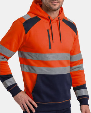 Hi-Vis Workwear High Neck Pullover Hoodie | Neon Orange & Navy with Reflective Tape – NOROZE