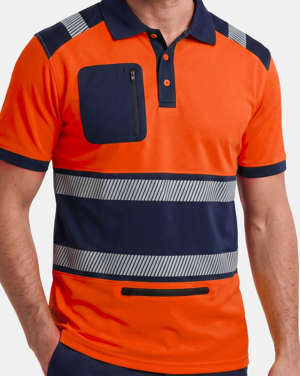 Hi-Vis Workwear Polo | Neon Orange & Navy with Reflective Stripe – NOROZE