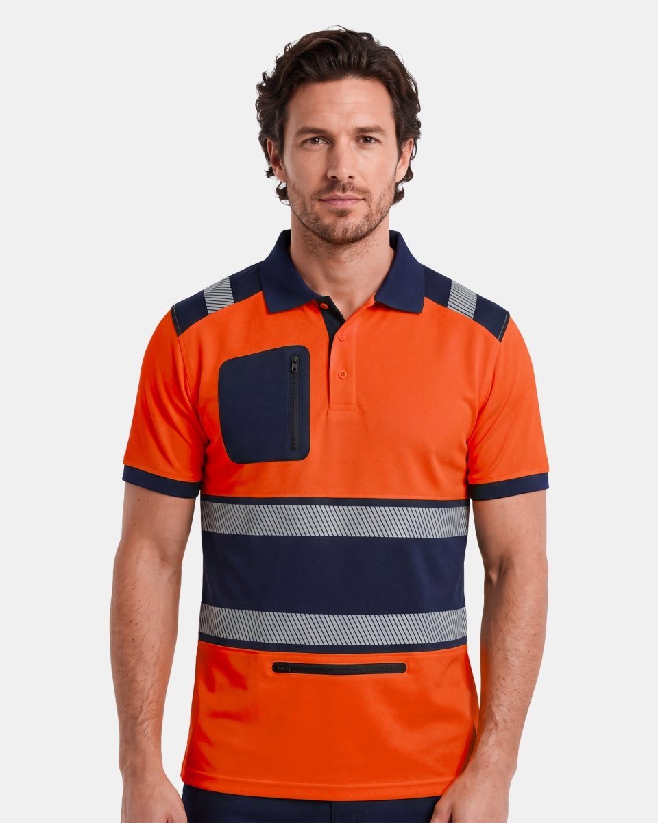 Hi-Vis Workwear Polo | Neon Orange & Navy with Reflective Stripe – NOROZE